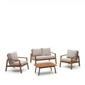 Kave Home Loungeset Frares Acaciahout, Met 2-zits Bank, 2 fauteuils en salontafel - Beige