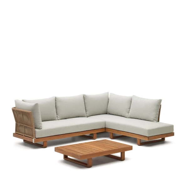 Kave Home Loungeset Raco Acaciahout, Met hoekbank en salontafel - Beige
