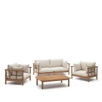 Kave Home Loungeset Sacova Eucalyptushout, Met 2 fauteuils, 2-zitsbank en salontafel - Beige