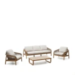 Kave Home Loungeset Vellana Acaciahout, Met 3-zits bank, 2 fauteuils en salontafel - Beige