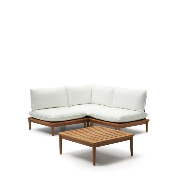 Kave Home Modulaire Loungeset Portitxol Teakhout, Met 1 hoekfauteuil, 2 fauteuils en salontafel - Wit