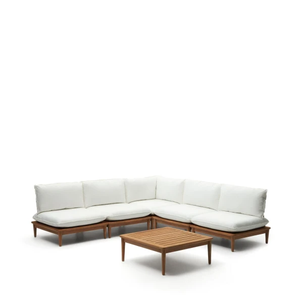 Kave Home Modulaire Loungeset Portitxol Teakhout, Met 1 hoekfauteuil, 4 fauteuils en salontafel - Wit