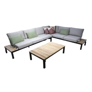 Tori loungeset black, teak inclusief flax beige kussens 325x255 cm - Yoi