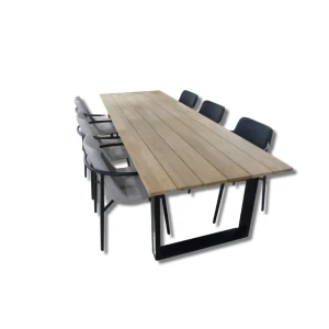 Tuinset Kaihou tafel black, teak 300x100 cm met 4 stoelen Youkou stoel black, flax beige - black, mixed grey - Yoi