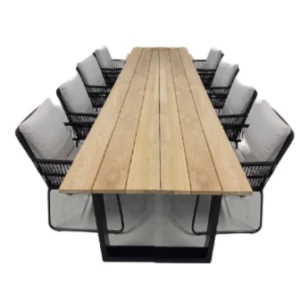 Tuinset Kaihou tafel black, teak 350x100 cm met 4 stoelen Ran stoel kussen black, flax beige - Yoi