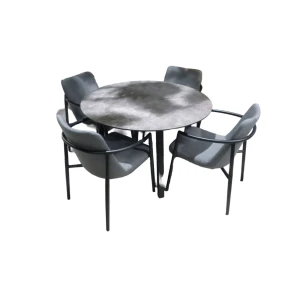 Tuinset Teeburu tafel black, concrete dia. 120 cm met 4 stoelen Youkou stoel black, panther black - Yoi