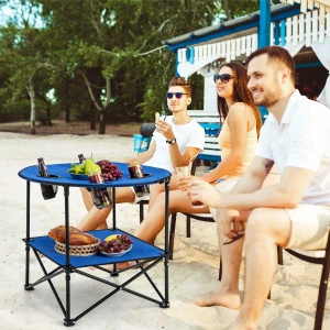 2-Laags Opvouwbare Kampeertafel met Draagtas en 4 Bekerhouders voor BBQ en Kamperen 72 x 59 cm