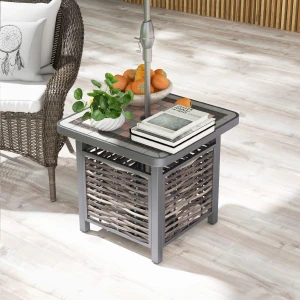 PE Rotan Buiten Bijzettafel 55cm Vierkante Tafel voor All-Weather Patio Hars Tafelblad Parasolgat Metalen Frame Salontafel