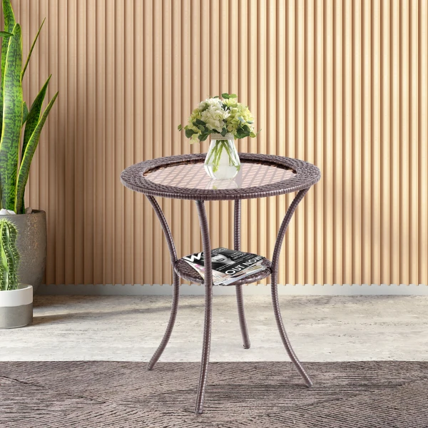 Buiten Ronde Eettafel Patio Bistro Tafel met Gehard Glazen Tafelblad en Opbergplank 64 x 64 x 72CM Bruin