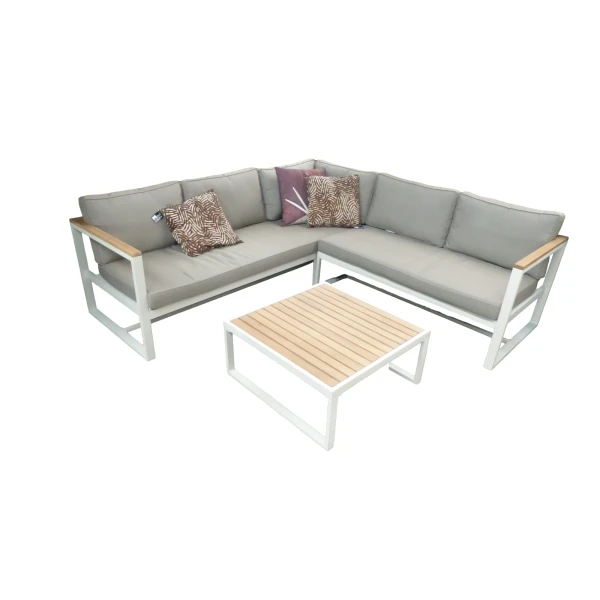 Auckland cornerset oyster/acacia light teak look incl. royal taupe kussens - Eurofleur aanbieding
