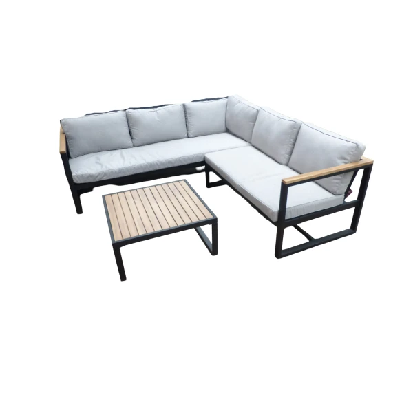 Auckland cornerset zwart/acacia light teak look incl. royal stone grey kussens - Eurofleur aanbieding