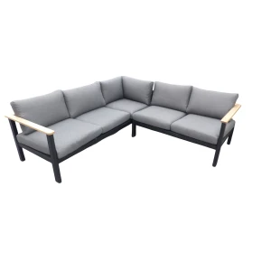 Flint cornerset zwart/acacia light teak look incl. antraciet olefin kussens - Eurofleur aanbieding