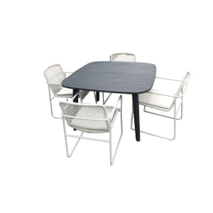 Set van Lennon tafel 120x120x76 cm charcoal en 4 Mira stoelen wit/taupe incl. kussen - Yoi