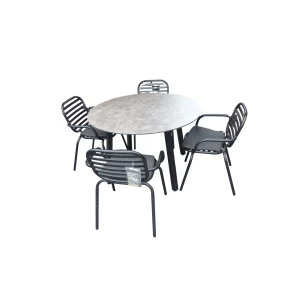 Set van Teeburu tafel 120 cm concrete en 4 Tomo stoelen zwart aluminium - Yoi