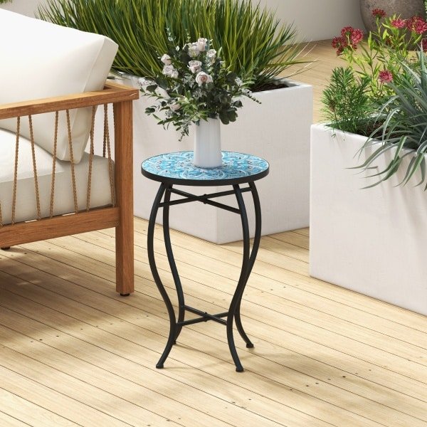 Bijzettafel met Mozaïek voor Buiten Kleine 35 cm Ronde Salontafel met Keramisch Tegelblad Plantenstandaard Blauw