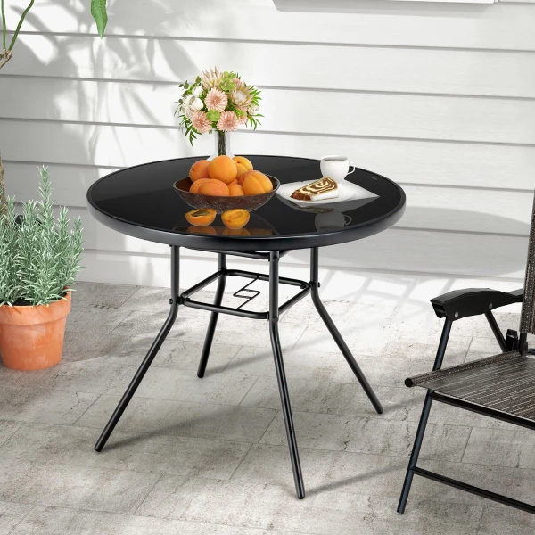 Ronde Tuintafel van Gehard Glas Bijzettafel voor Buiten met een Parasolgat van 3,5 cm Eettafel met Stevig Metalen Frame Zwart