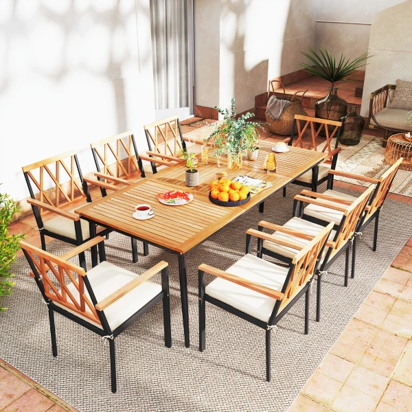 Tuintafel 200 CM voor 8 Personen Buitentafel van Acaciahout met Parasolgat Ø 5 CM Lamellenblad Metalen Poten Tuin- en Terrasmeubelen