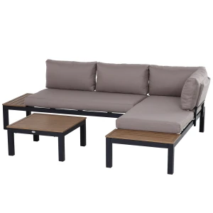 Outsunny 3-delige tuinset aluminium bank tuintafel 164cm x 63cm comfort, tot 220 kg, aluminium, Grijs + natuur | Aosom.nl