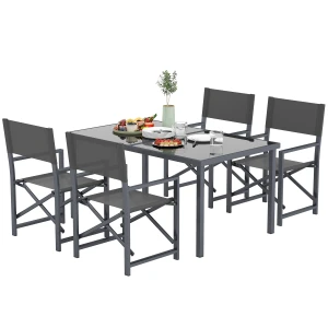 Outsunny 5-Delige Tuinset Stalen Eettafelset voor 4 met Opklapbare Stoelen en Glazen Tafel, Grijs
