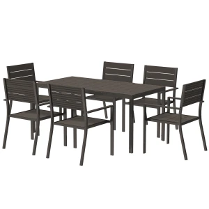 Outsunny 7-delige Tuinset voor 6 Personen - Eettafel met Stapelbare Stoelen in Donkerbruin