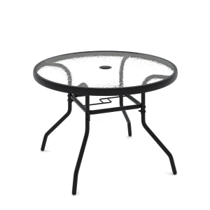 Patio Bijzettafel Tuintafel voor Buiten met Glazen Blad en φ4,2 cm Parasolgat Ronde Salontafel met Robuust Metalen Frame