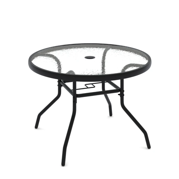 Patio Bijzettafel Tuintafel voor Buiten met Glazen Blad en φ4,2 cm Parasolgat Ronde Salontafel met Robuust Metalen Frame