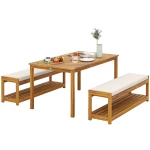 Outsunny 3-delig Tuinmeubelset, Zitgroep incl. 1 Eettafel met Parasolgat, 2 Banken 150 x 85 x 75 cm Teak