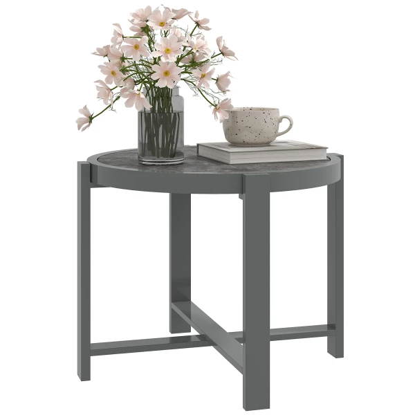 Outsunny Bijzettafel Tuintafel Rond Weerbestendig Aluminium Balkontafel met Kunstmarmeren Blad Grijs