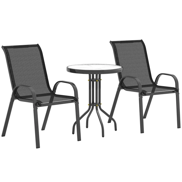 Outsunny Bistro-set 3-delig Weerbestendig tuinmeubelset met glazen tafel Stapelbare tuinstoelen Zwart