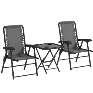 Outsunny Bistroset 3-delig staal weerbestendig tuinmeubelset met opvouwbare bistrotafel bekerhouders tuinstoelen Donkergrijs