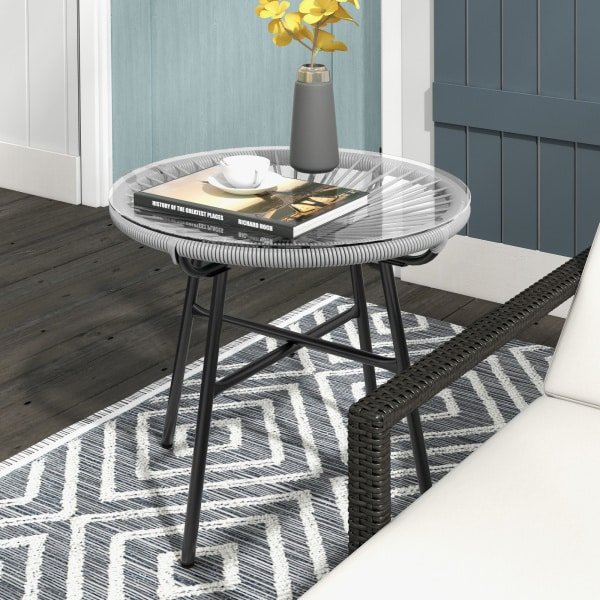 Outsunny Boho-stijl Gartentafel, weerbestendig, PE-rattan met gehard glas, perfect voor buiten, 50 x 50 x 50 cm, grijs | Aosom.nl