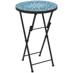 Outsunny Mozaïek Tuintafel, Opvouwbare Ronde Terrastafel met Metalen Frame en Keramisch Tafelblad, Mozaïekpatroon, Blauw