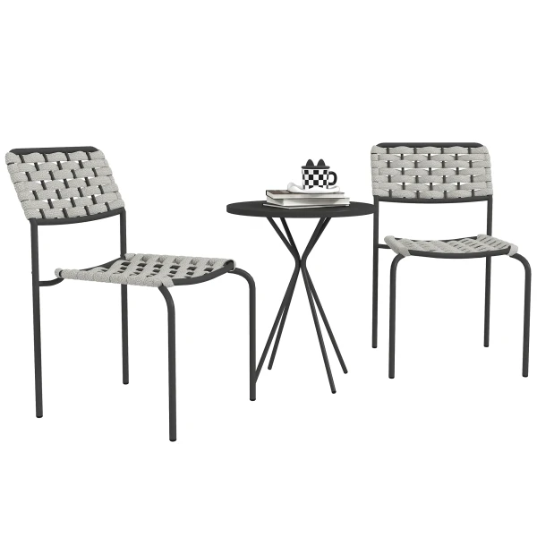 Outsunny Polyrattan Tuinmeubelset, Outdoor Lounge Balkonmeubel voor 2, 3-Delig 2 Stoelen, Tafel Grijs