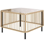 Outsunny Polyrattan Tuintafel, 65 x 65 x 43 cm, Weerbestendige Bijzettafel Vierkant met Glazen Plaat, Natuurlijk Hout