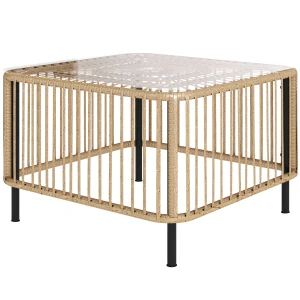 Outsunny Polyrattan Tuintafel, 65 x 65 x 43 cm, Weerbestendige Bijzettafel Vierkant met Glazen Plaat, Natuurlijk Hout