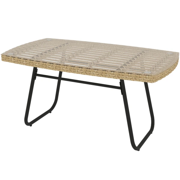 Outsunny Polyrattan Tuintafel, 90 x 50 x 45 cm, UV-bestendige Bijzettafel met Glazen Plaat Natuurhout