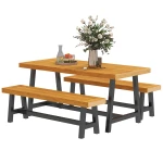 Outsunny Tuinmeubelset 3-delig Hout Eetgroep voor 4 Personen Eettafel met 2 Banken Teak
