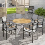 Outsunny Tuintafel Ø118cm, Weerbestendig Balkontafel uit Aluminium, Bijzettafel met Kruispoten Latontwerp Teak