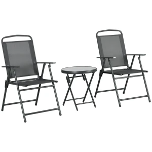 Outsunny Weerbestendig Bistro-Set 3-delig van Metaal met Opklapbare Glastafel en Tuinstoelen, Donkergrijs