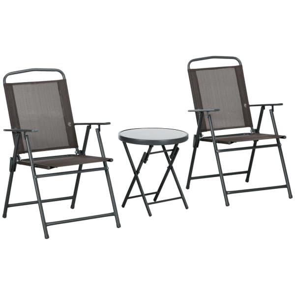 Outsunny Weerbestendige Metalen Bistroset 3-delig met Inklapbare Glastafel en Tuinstoelen - Bruin