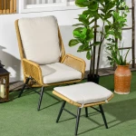 Outsunny polyrattan tuinstoel met voetenbank, verstelbare leuning, weerbestendig, comfortabel, 70 x 70 x 90 cm, lichtbruin, grijs, zwart | Aosom.nl