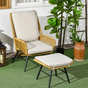 Outsunny polyrattan tuinstoel met voetenbank, verstelbare leuning, weerbestendig, comfortabel, 70 x 70 x 90 cm, lichtbruin, grijs, zwart | Aosom.nl