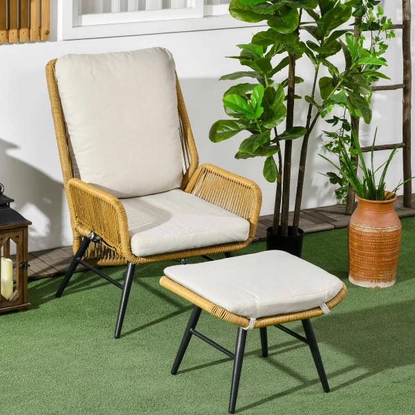 Outsunny polyrattan tuinstoel met voetenbank, verstelbare leuning, weerbestendig, comfortabel, 70 x 70 x 90 cm, lichtbruin, grijs, zwart | Aosom.nl