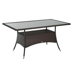 Outsunny polyrotan tuintafel, stijlvolle glazen eettafel, weerbestendig, stevig metaal, 150 x 85 x 74 cm, perfect voor buiten, zwart | Aosom.nl