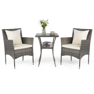 3-Delige Tuinset 2 Rotan Tuinstoelen en Een Bijzettafel met Blad van Gehard Glas Een Loungeset voor Terras Tuin Veranda of Zwembad-Wit