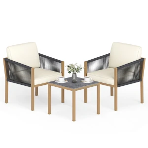 3-Delige Tuinset Bistroset voor Buiten van Gevlochten Touw met Kussens Buitentafel en -Stoelen