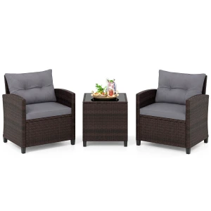 3-Delige Tuinset Rotan Bistroset met 2 Stoelen en 1 Tafel met Gehard Glazen Blad en Kussens Loungeset voor Balkon Tuin Grijs
