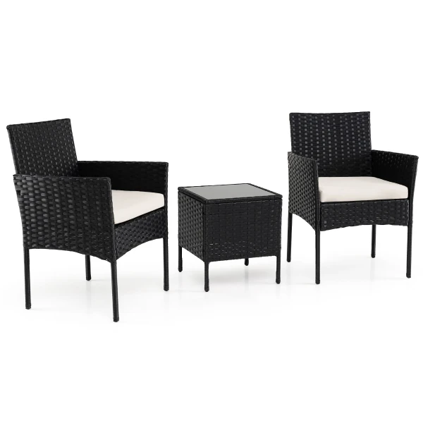 3-Delige Tuinset met Tafel en 2 Comfortabele Stoelen van Gehard Glas Afneembare Kussens Metalen Frame-Beige