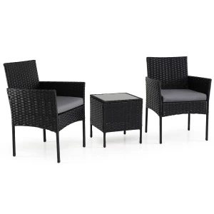 3-Delige Tuinset met Tafel en 2 Comfortabele Stoelen van Gehard Glas Afneembare Kussens Metalen Frame-Grijs