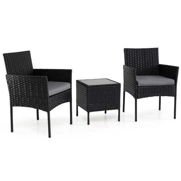 3-Delige Tuinset met Tafel en 2 Comfortabele Stoelen van Gehard Glas Afneembare Kussens Metalen Frame-Grijs
